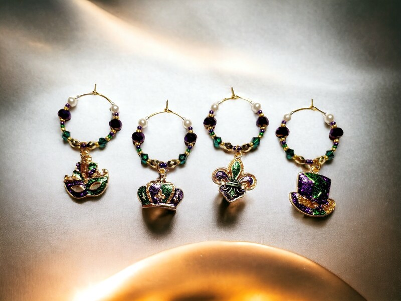 Mardi Gras Enamel Wine Charms with crystals and pearls